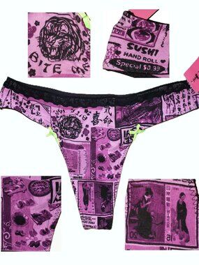 Vintage Betsey Johnson Sushi Thong Panties Pink Japanese Menu Women Print Size S